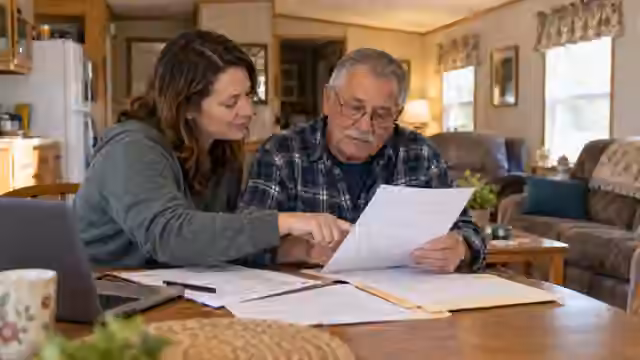 Illustrative scene of two family members discussing paperwork at home